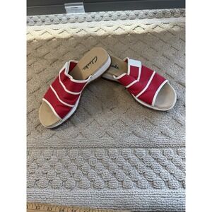 CLARKS 36128 Red White Canvas‎ Slides Sandals Shoes Sz 8